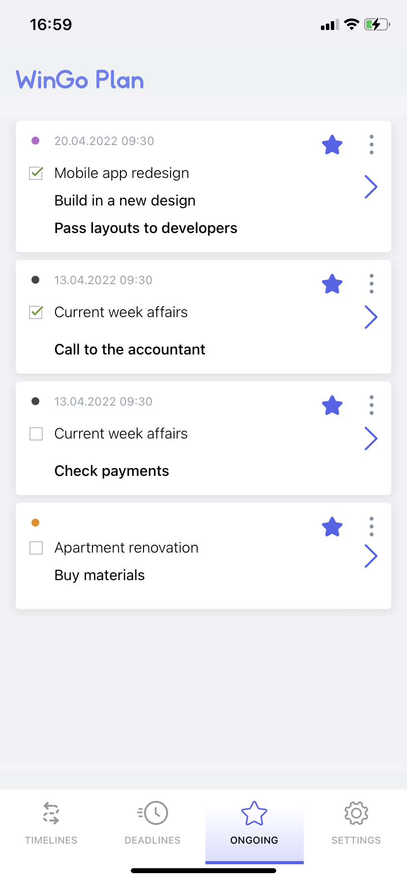 WinGo Plan planner: ongoing tasks and milestones, daily plan